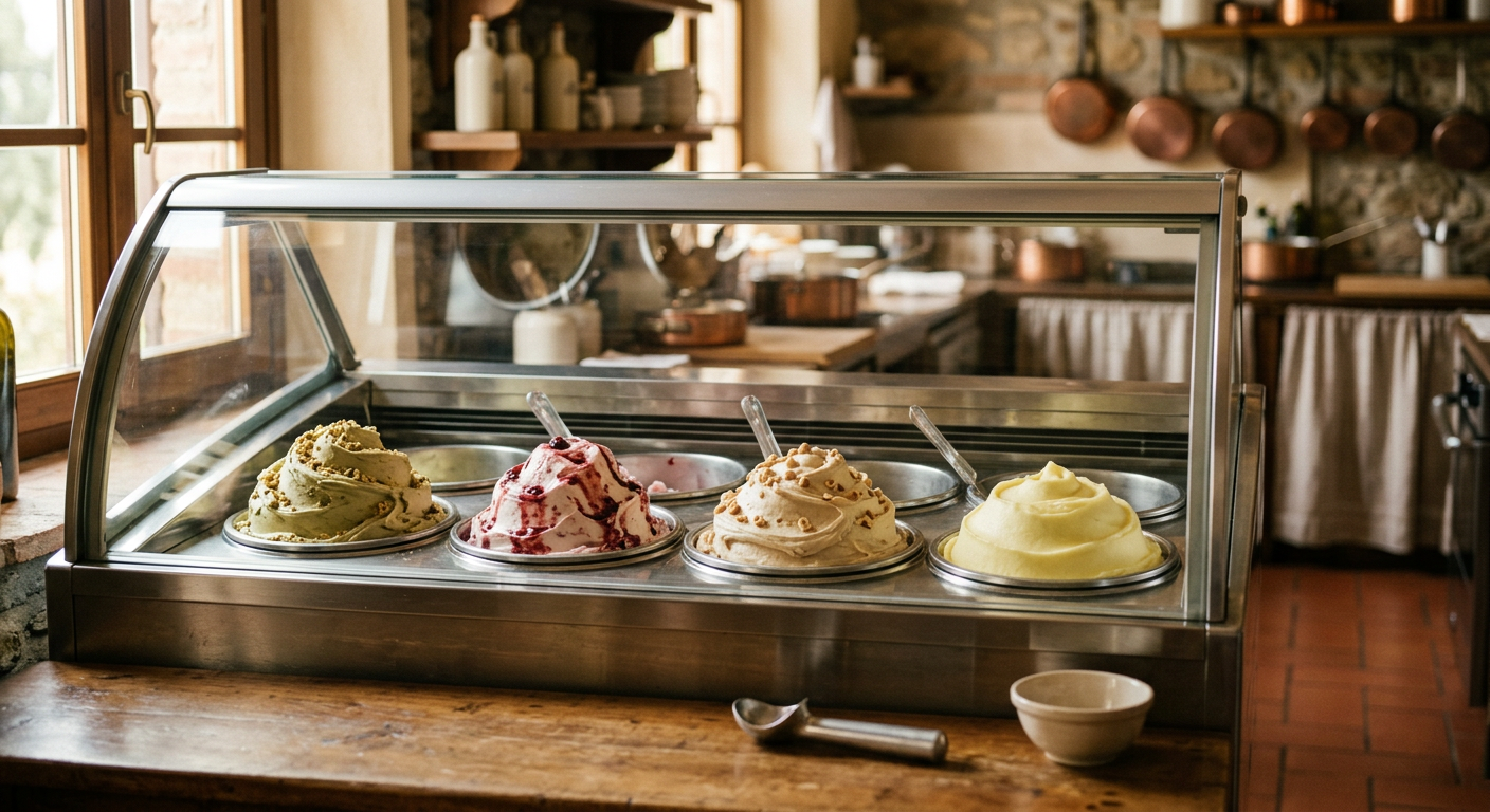 Vitrine réfrigérée d'une trattoria avec des bacs de gelato pistache, amarena, noisette et citron