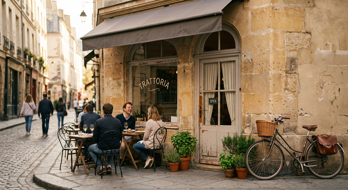 Façade d'une petite trattoria indépendante sur une rue française, avec terrasse